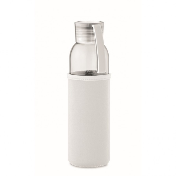 Flasche aus recyceltem Glas mit Hülle und auslaufsicherem Deckel, Farbe Weiß