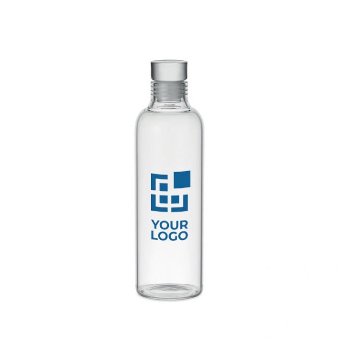 Flasche aus Borosilikatglas mit Kasten mit Logo Ansicht mit Druckbereich