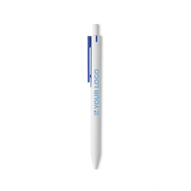 Weißer, recycelter Kugelschreiber mit blauer Tinte und farbigem Clip 