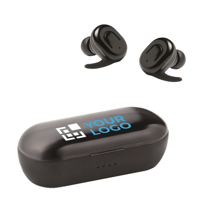 Set mit 2 Bluetooth-Kopfhörern mit Sockel Ansicht mit Druckbereich