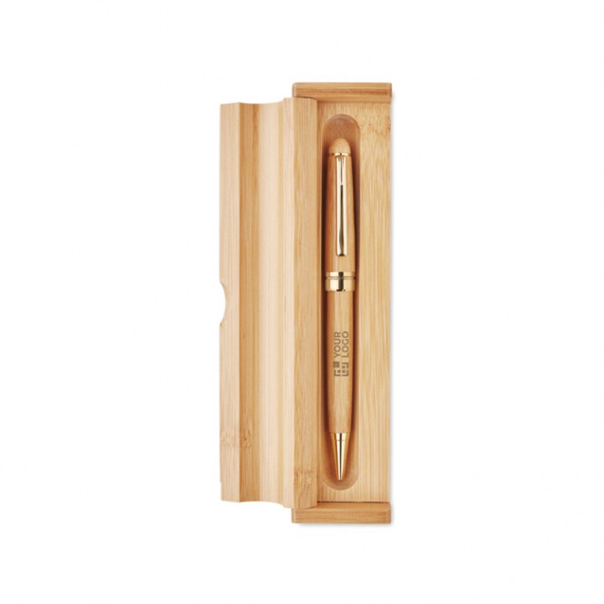 Bedruckbarer Kugelschreiber mit Bambusbox Ansicht mit Druckbereich
