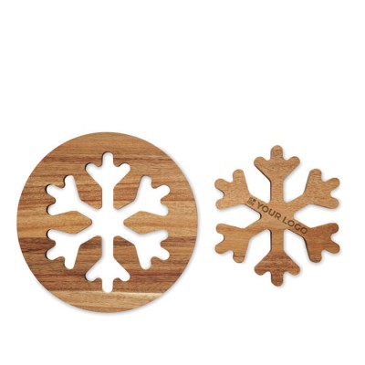 Set mit 2 Untersetzern aus Akazienholz in Form einer Schneeflocke