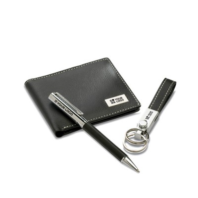 Kugelschreiber, Schlüsselanhänger und Brieftasche Ansicht mit Druckbereich