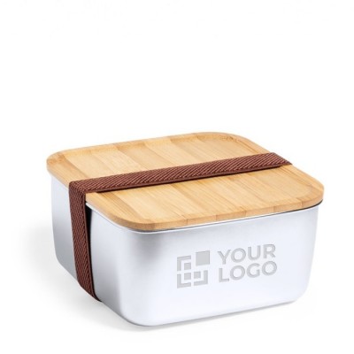 Brotdose aus Stahl mit hohem Fassungsvermögen Farbe Holzton mit Logo