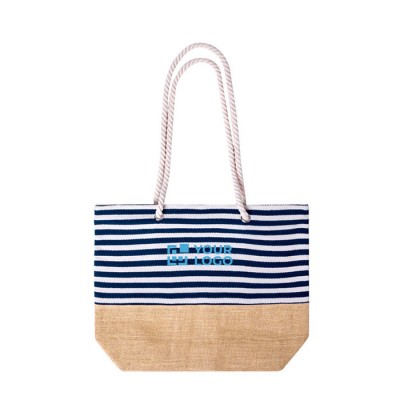 Gestreifte Strandtasche aus Baumwolle mit Jute, 450 g/m2
