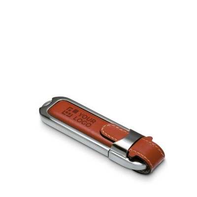 Eleganter USB-Stick aus Leder und Metall zum Bedrucken Ansicht mit Druckbereich