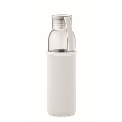 Flasche aus recyceltem Glas mit Hülle und auslaufsicherem Deckel, Farbe Weiß