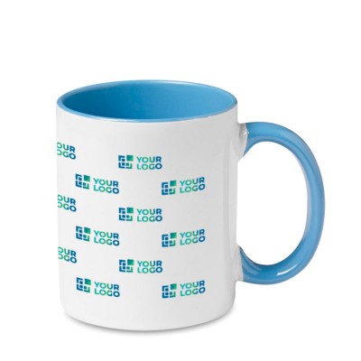 Tasse mit Foto und Griff und innen farbig Farbe blau Ansicht mit Logo 2