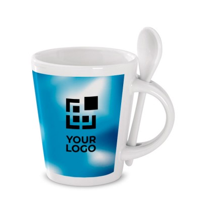 Tassen mit Löffel mit rundem Bild bedrucken Farbe weiß Ansicht mit Logo 1