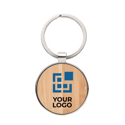 Runder Schlüsselanhänger mit Logo bedrucken, aus Zink und Bambus 