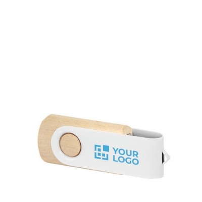 USB-Stick aus dunklem Holz mit weißem Clip, mit Logo bedruckt