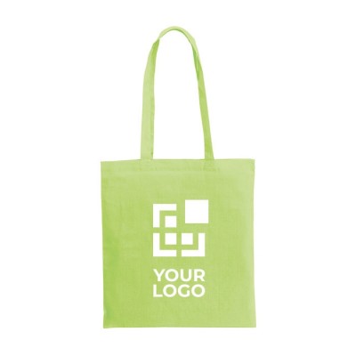 Farbige Tasche aus recycelter Baumwolle und rPET, 180 g/m2, Farbe Hellgrün mit Logo