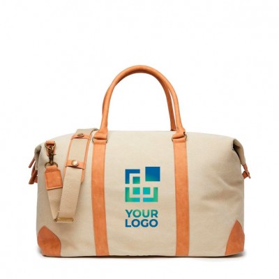 Hochwertige recycelte Canvas-Tasche mit Riemen als Werbegeschenk, Farbe Beige, mit Logo