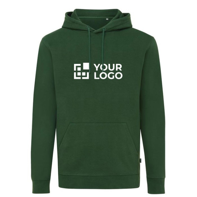 Hoodie aus organischer Baumwolle 340 g/m2 Iqoniq Jasper farbe dunkelgrün Ansicht mit Druckbereich