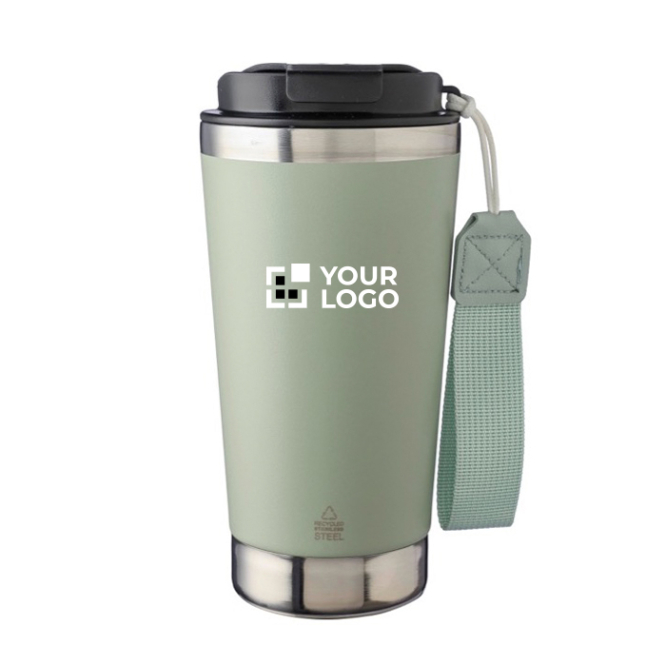 Edelstahlthermobecher mit Band und schwarzem Deckel, 500 ml
