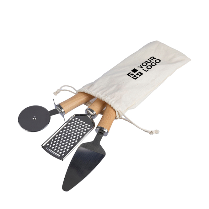 Reibe, Tortenheber und Pizzaschneider in Baumwollbeutel
