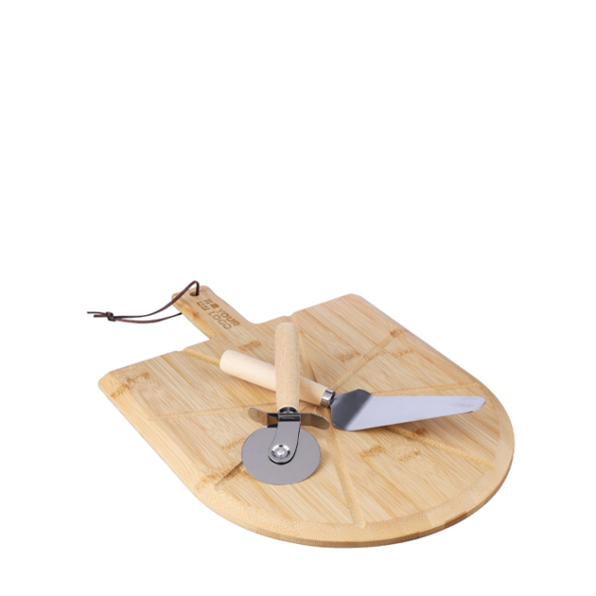 Pizzabrett aus Bambus mit Schneidehilfen, Pizzaschneider und Spatel