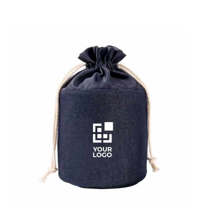Zylindrische Kulturtasche aus Denimstoff mit Kordelzugverschluss