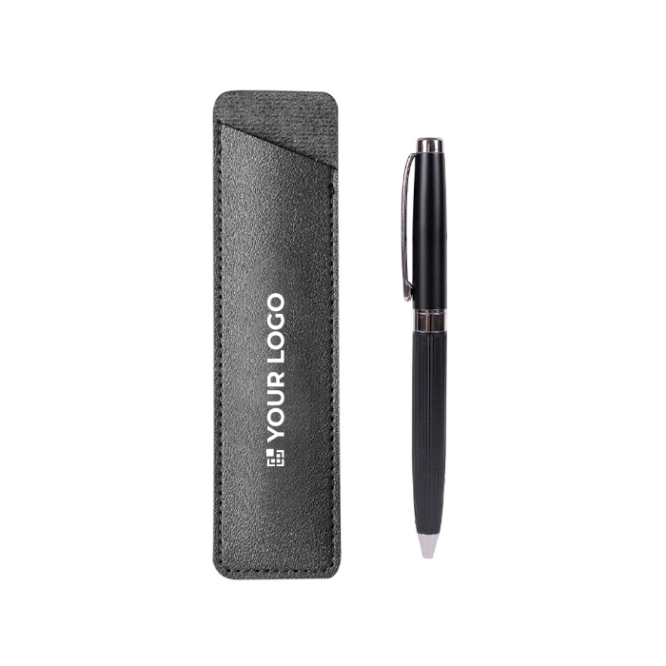 Metallkugelschreiber mit elegantem Etui aus Kunstleder, blaue Tinte