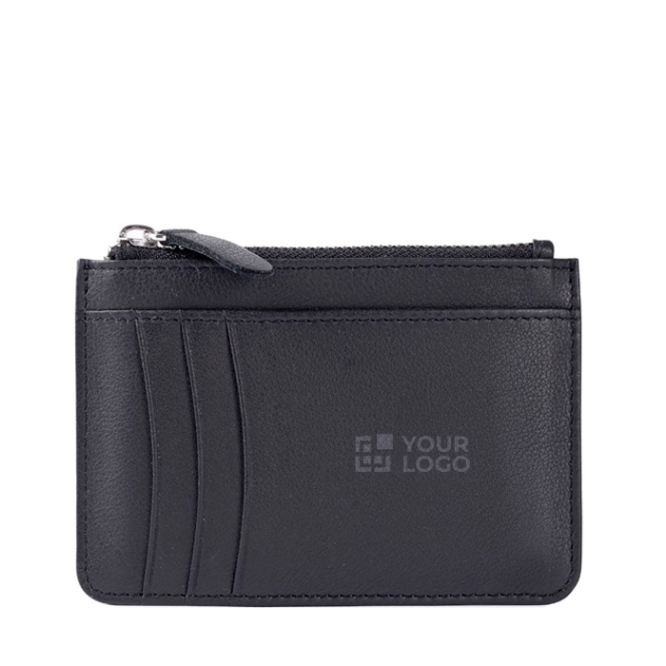 Schwarzes Kartenetui aus Leder mit mittigem Reißverschluss