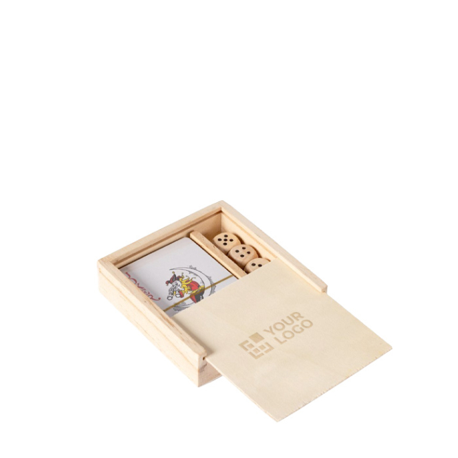 Karten- und Würfelset in Holz-Schiebebox