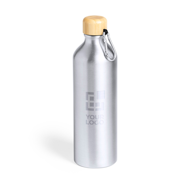 Große Aluminiumflasche mit Bambusstopfen und Karabinerclip 800ml