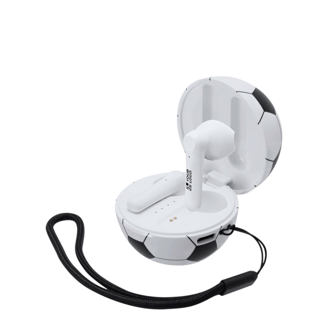 Kopfhörer im Etui in Ballform mit Trageschlaufe