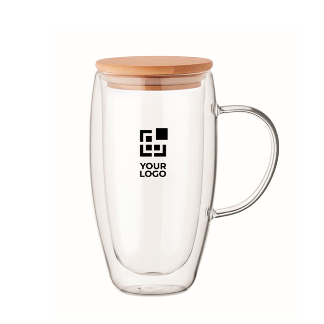 Lange Glastasse mit Henkel und Holzdeckel 450 ml