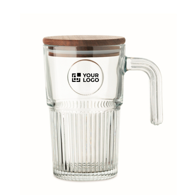 Große Glas-Tasse geriffelt mit Holzdeckel 450 ml