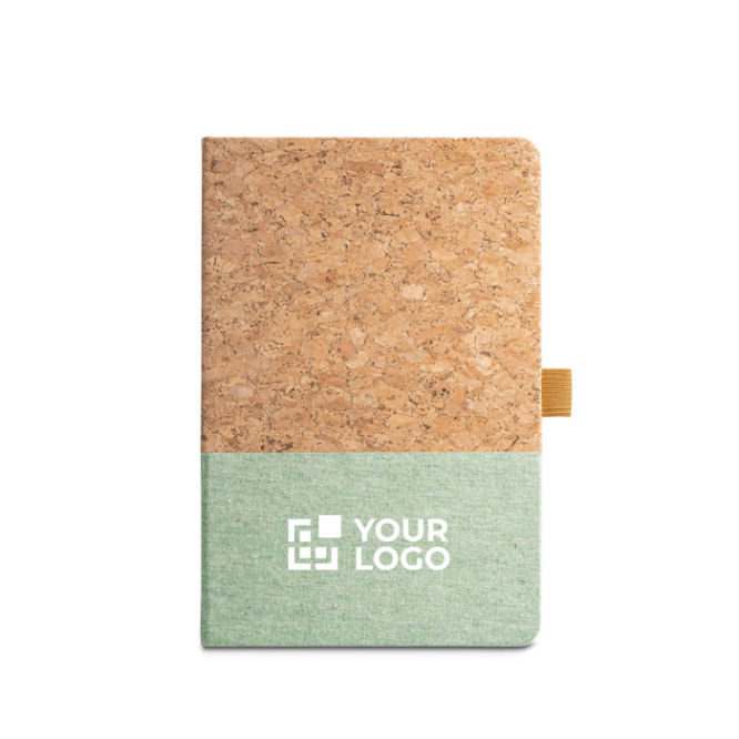 Notizbuch mit Korkeinband und Logo Ansicht mit Druckbereich