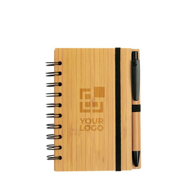 Liniertes Bambus-Notizblock mit Spiralbindung und Stift, A6 Ansicht mit Druckbereich