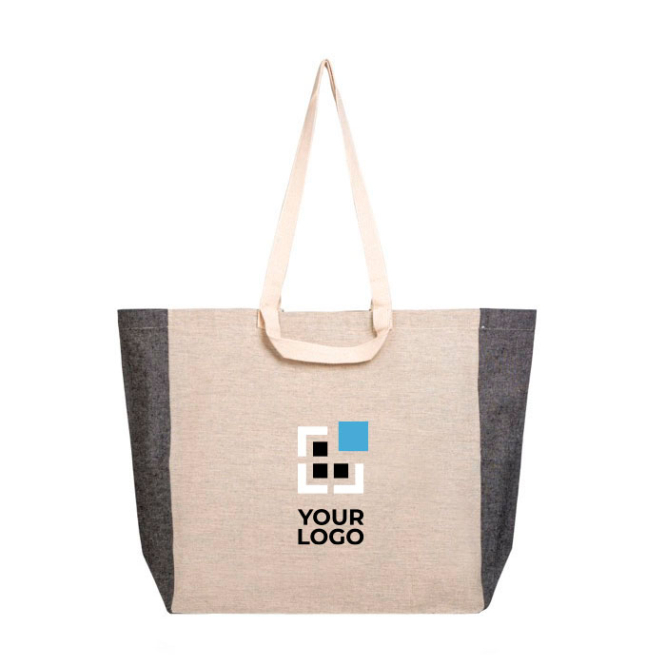 Naturfarbene recycelte Baumwolltasche mit dunklen Seiten, 190 g/m2 Ansicht mit Druckbereich
