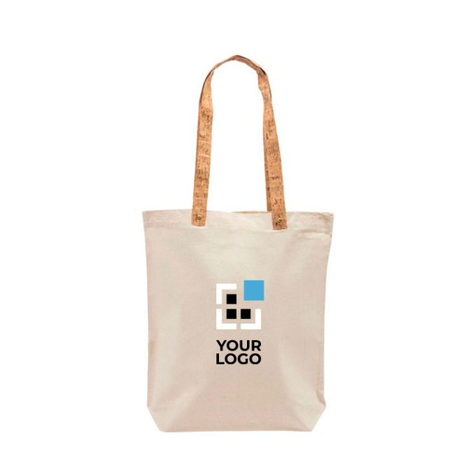 Baumwolltasche mit Korkgriffen und goldenem Nietenbesatz, 180 g/m2 Ansicht mit Druckbereich