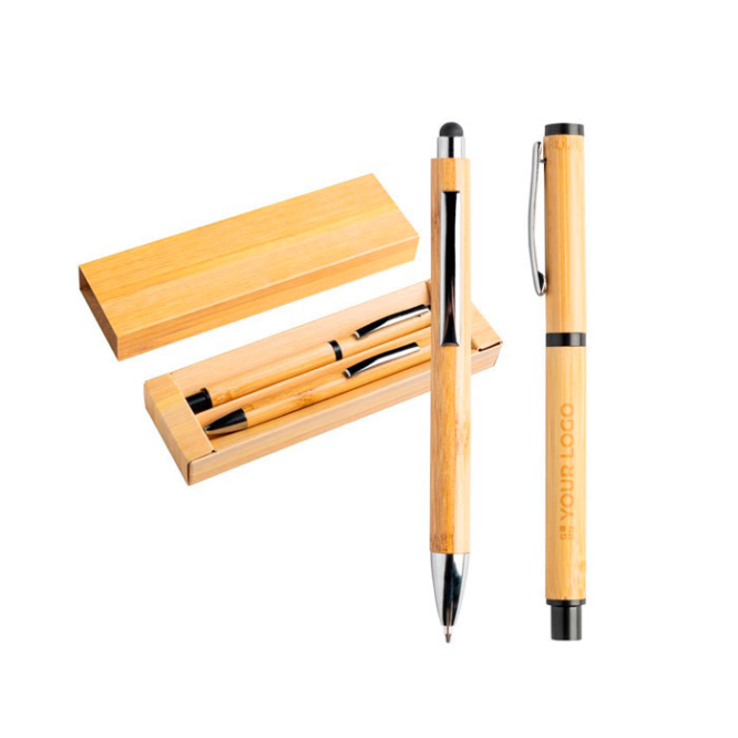 Kuli- und Rollerball-Set aus Bambus mit Clip im Etui, blaue Tinte Ansicht mit Druckbereich