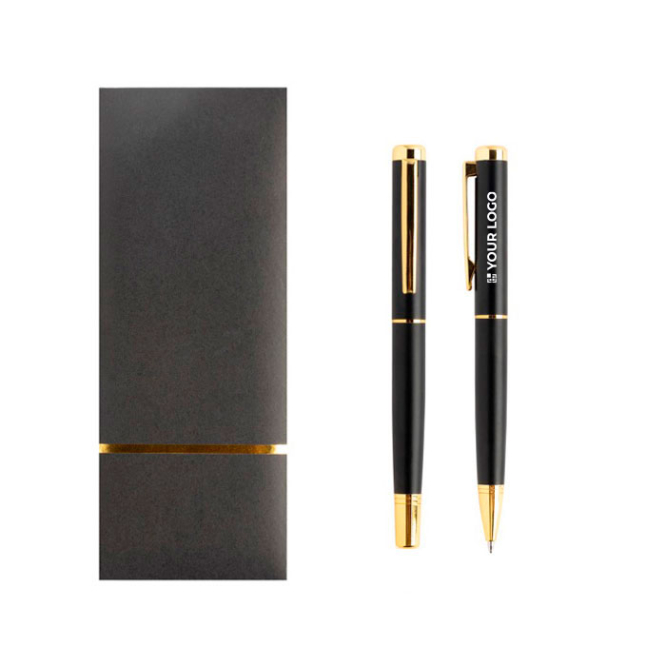 Elegantes Metall-Set aus Kugelschreiber und Rollerball, blaue Tinte Ansicht mit Druckbereich