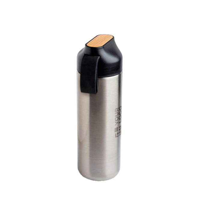 Edelstahl-Thermoflasche mit Griff und Bambusdetail, 600 ml Ansicht mit Druckbereich