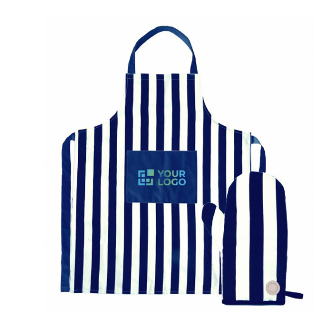 Set aus gestreifter Grillschürze und Handschuhen von Segaform Ansicht mit Druckbereich