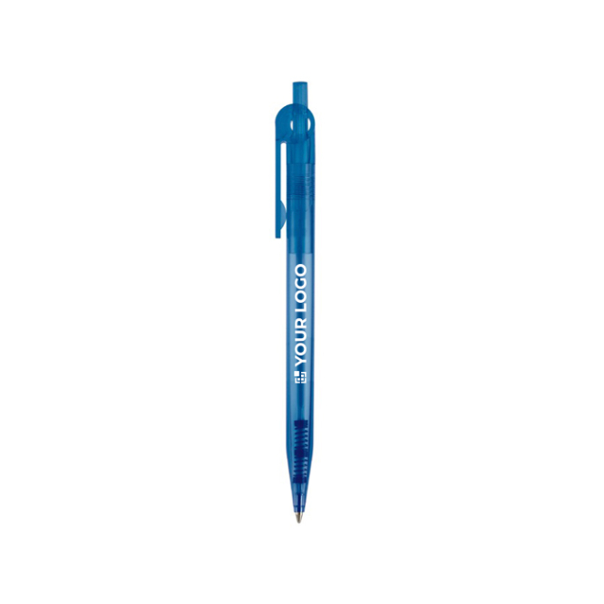 Billiger transparenter Kugelschreiber mit Details am Clip, blaue Tinte Ansicht mit Druckbereich