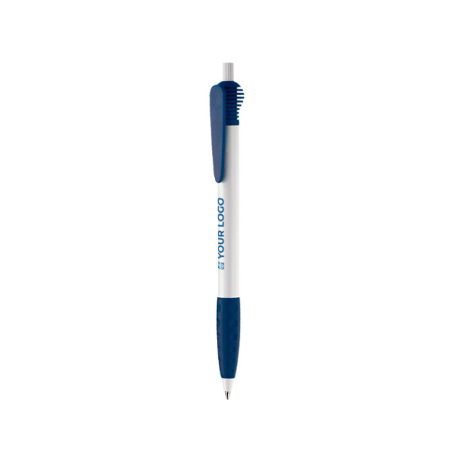 Kuli mit originellem Clip-Design und strukturiertem Griff, blaue Tinte Ansicht mit Druckbereich
