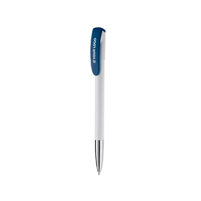Kuli aus Kunststoff mit farbigem Clip und Metallspitze, blaue Tinte Ansicht mit Druckbereich