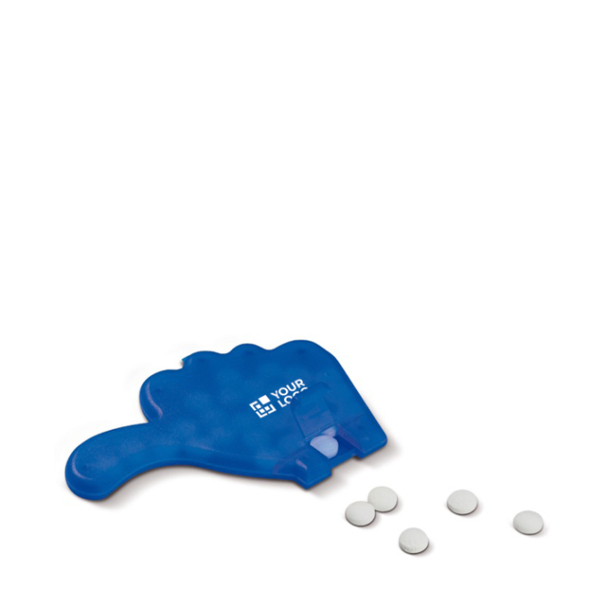 Zuckerfreie Pfefferminz in Dose in Form eines farbigen Daumes Ansicht mit Druckbereich