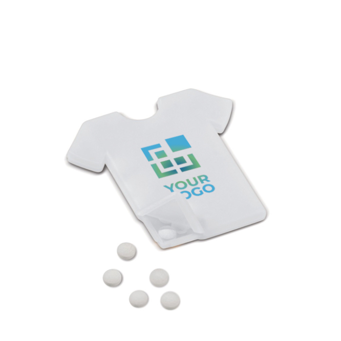 Dose mit zuckerfreien Pfefferminzbonbons in Form eines Hemdes, 7gr Ansicht mit Druckbereich