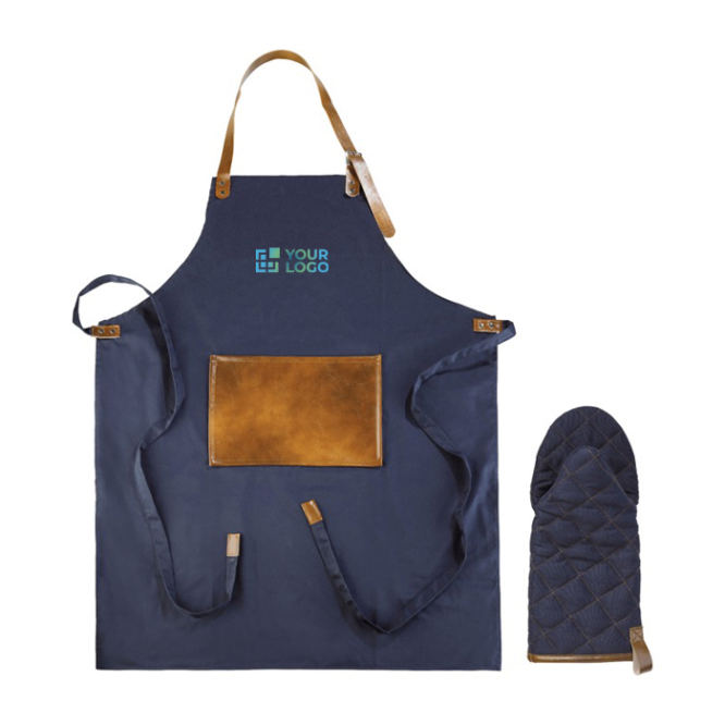 Schürze mit PU-Vordertasche und passendem Grillhandschuh Ansicht mit Druckbereich