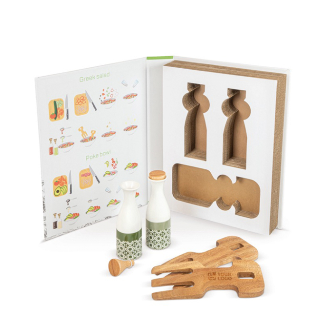 Set aus Öl, Essig und 2 Utensilien in einer buchförmigen Box Ansicht mit Druckbereich
