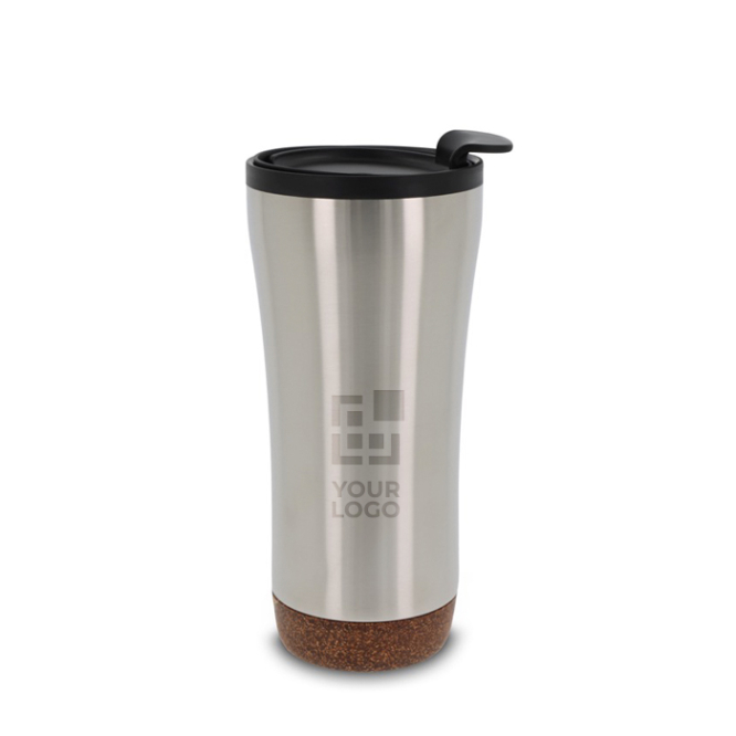 Doppelwandige Coffee-To-Go Becher mit Korkdetail am Boden, 480 ml Ansicht mit Druckbereich