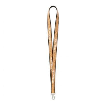 Individuell gefertigtes Lanyard aus Polyester und Kork mit Karabiner