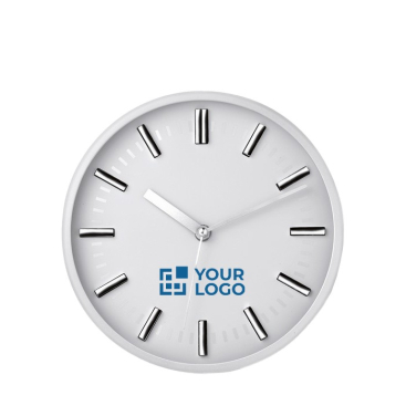 Weiße analoge Wanduhr mit Logo bedrucken als Werbegeschenk