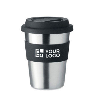 Edelstahl To Go Becher mit Silikonband und Logo, 350 ml