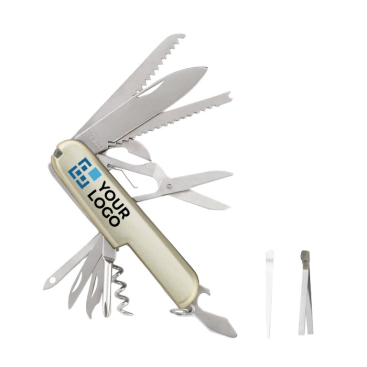 Multifunktionstaschenmesser mit 13 Funktionen aus Metall und Logo