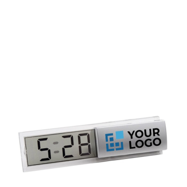 Digitale Tischuhr mit Kalenderanzeige in Mattsilber als Merchandising